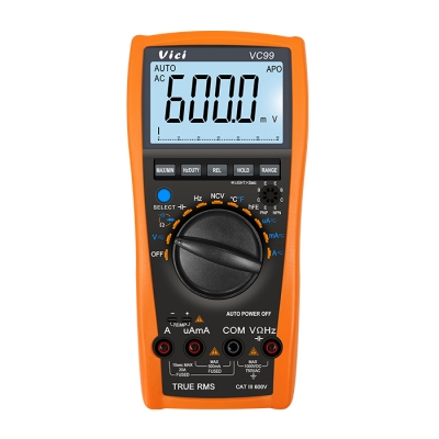 VC99 真有效值測量，模擬條顯示，NCV測量，最大值、最小值測量，讀數保持，背光顯示。