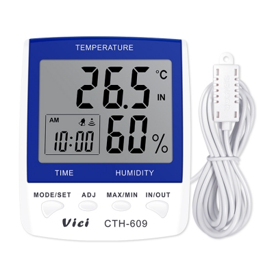 CTH-609 室內外數字溫濕度表，遠距離測量室外的溫度，時鐘、日期功能，最大值、最小值溫濕度儲存功能。